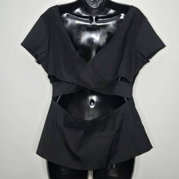 Ann Taylor Criss Cross Back Top Size 12 Black Short Sleeve NEW - Picture 3 of 5